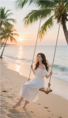 白色抹胸裙美女黄昏海滩荡秋千图片